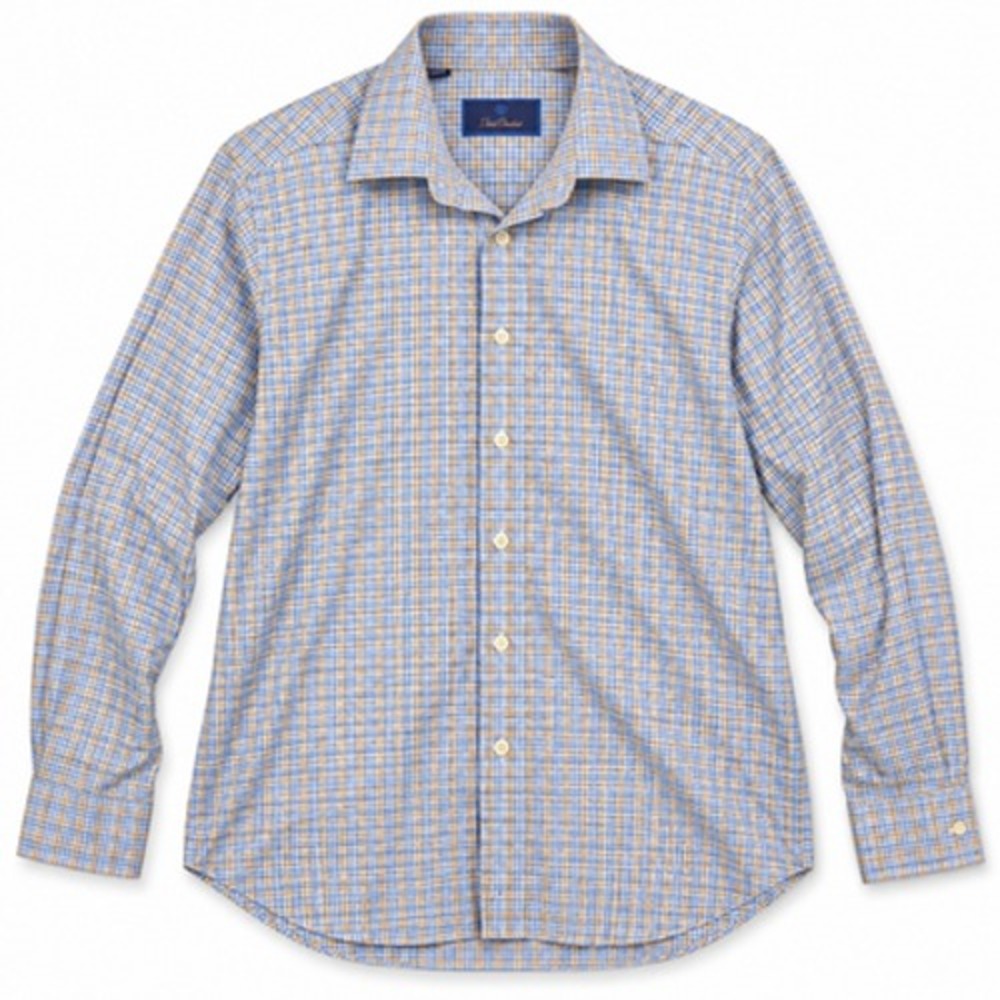 David Donahue Dress Shirt Mens 17 34/35 Blue Tan Check Cotton Spread Collar